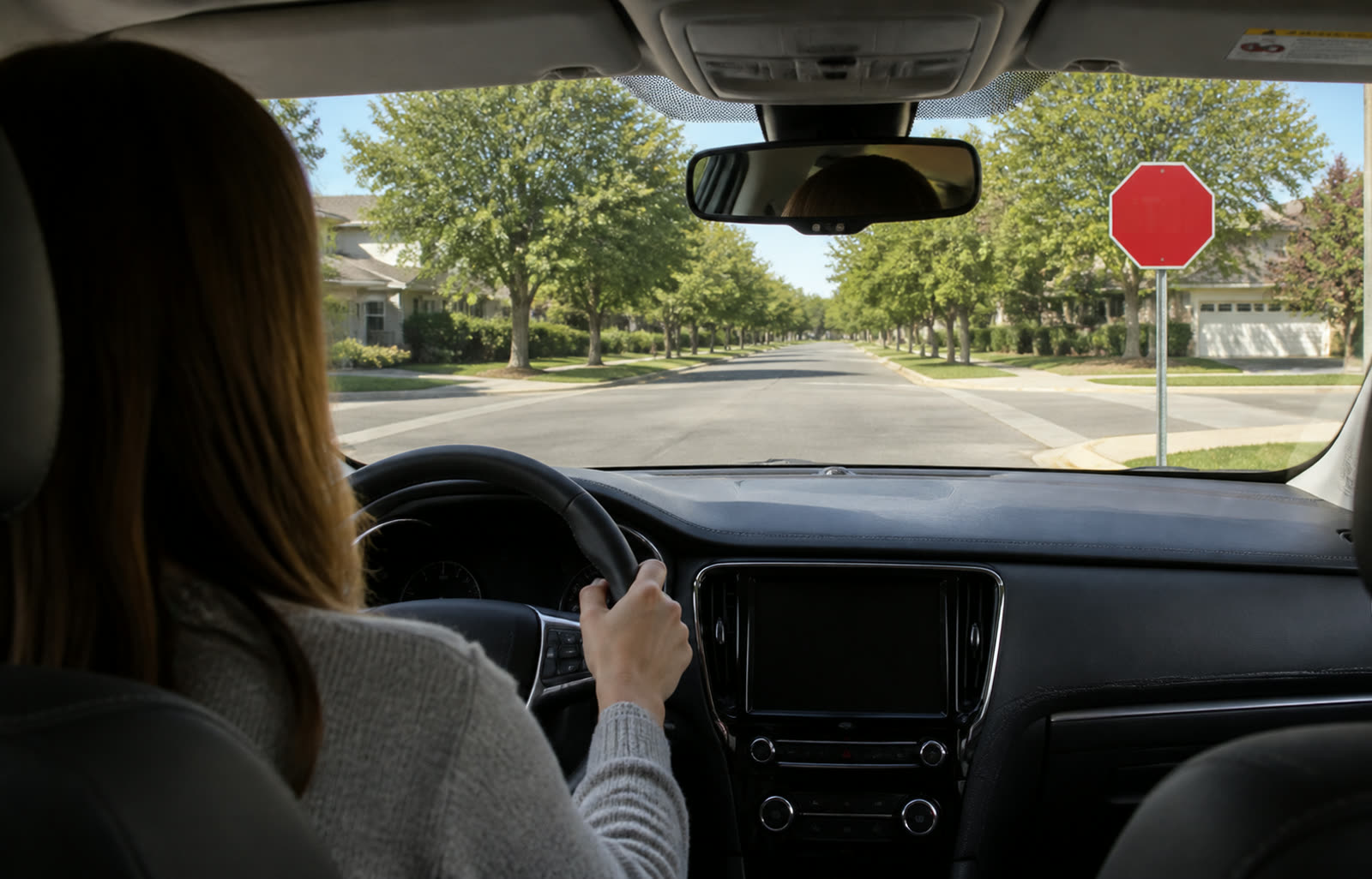 A learner driver approaching a stop sign on a quiet residential street, seen from the back seat