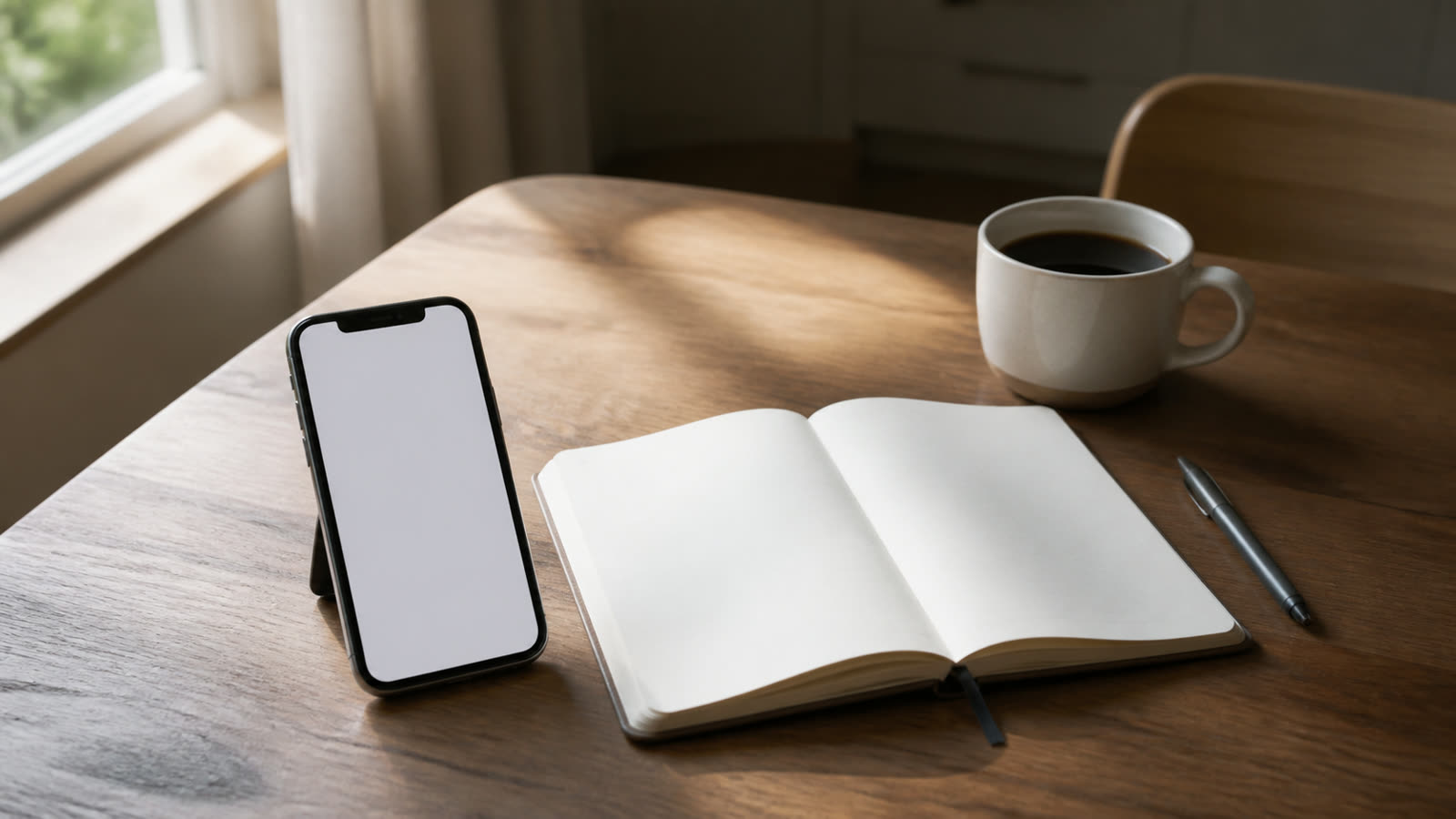 A phone propped beside an open notebook and a cup of coffee on a kitchen table