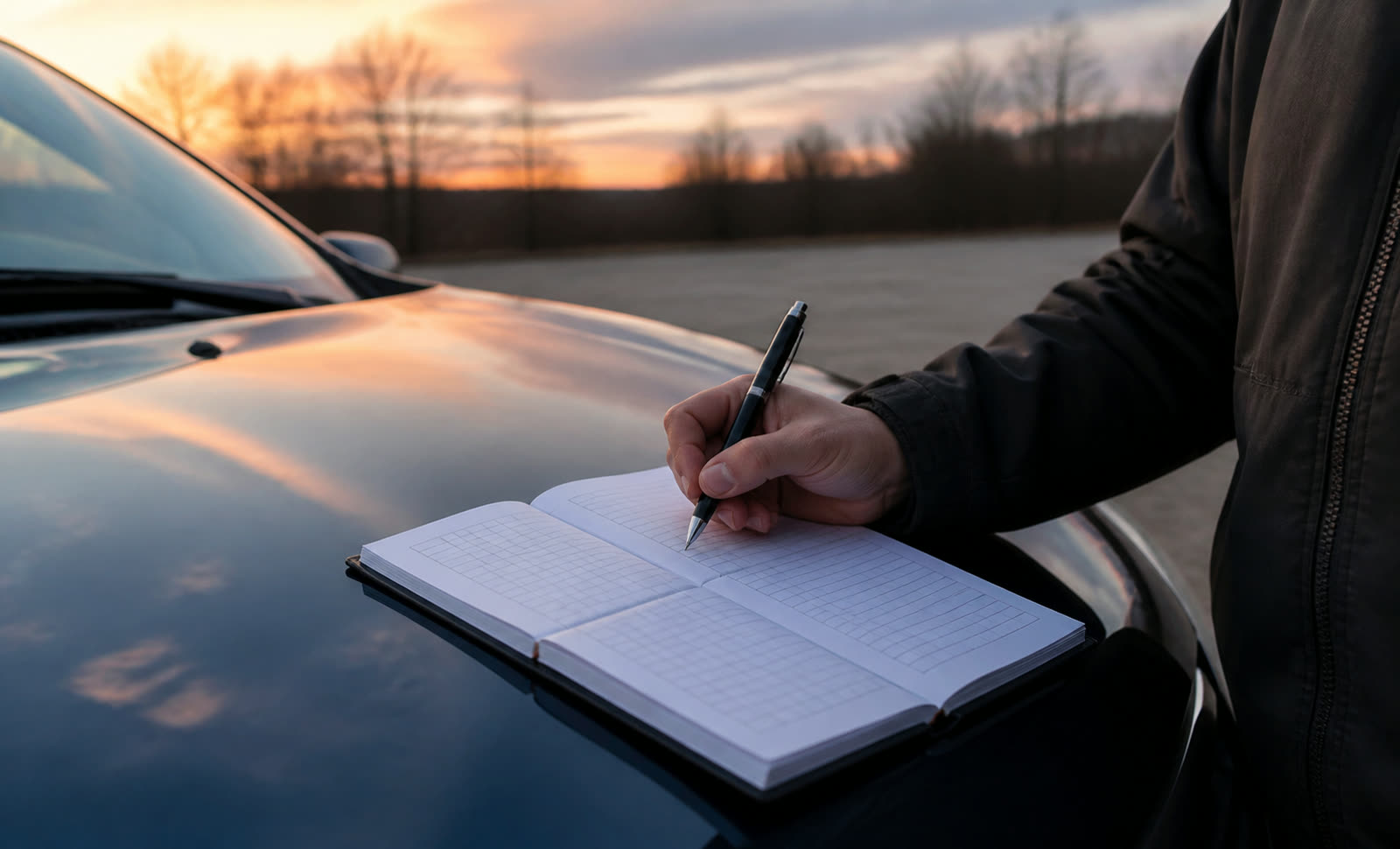 A hand filling in a paper driving log resting on a car bonnet at dusk
