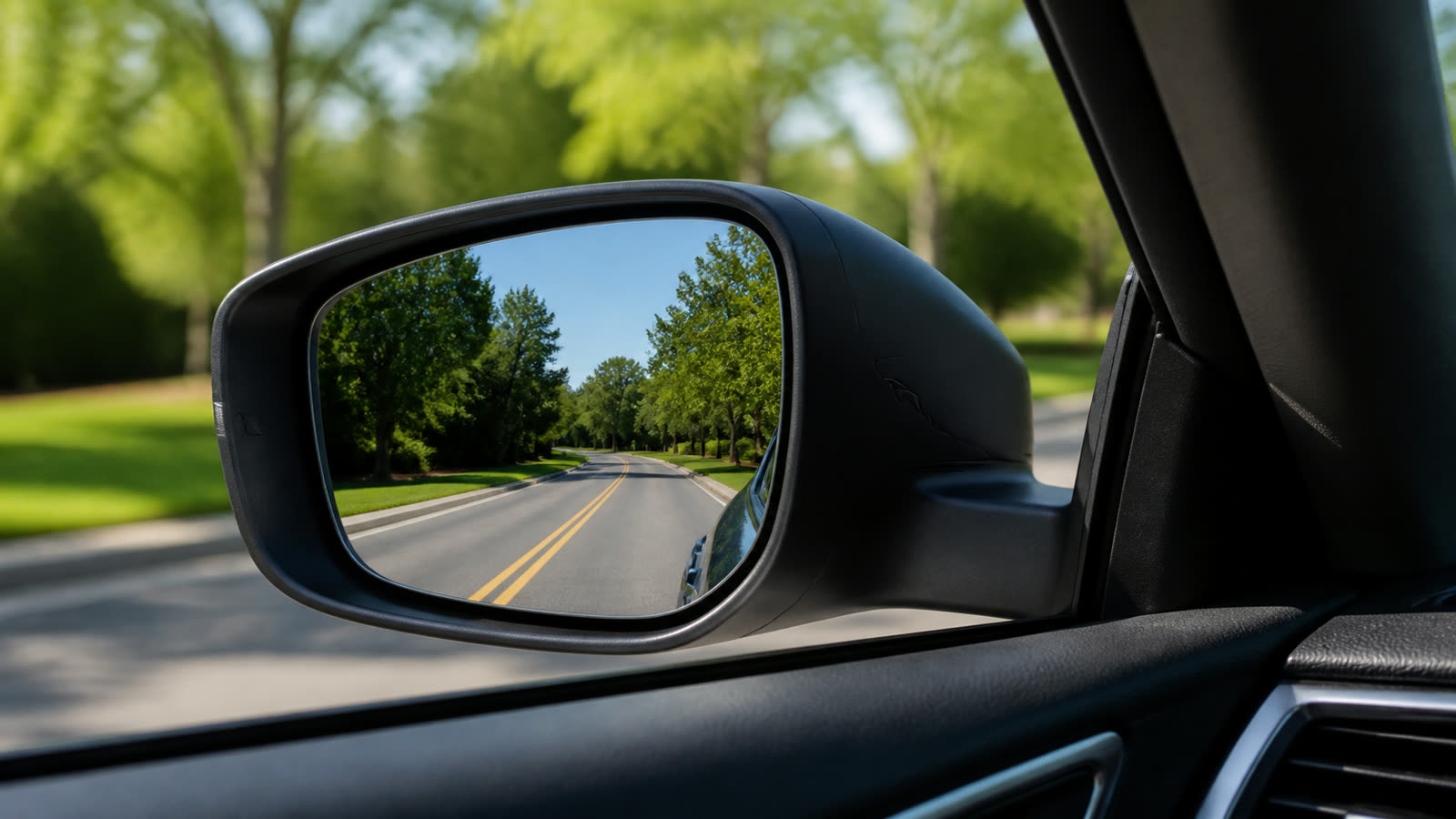 A car's door mirror reflecting the empty road behind, seen from the driver's seat