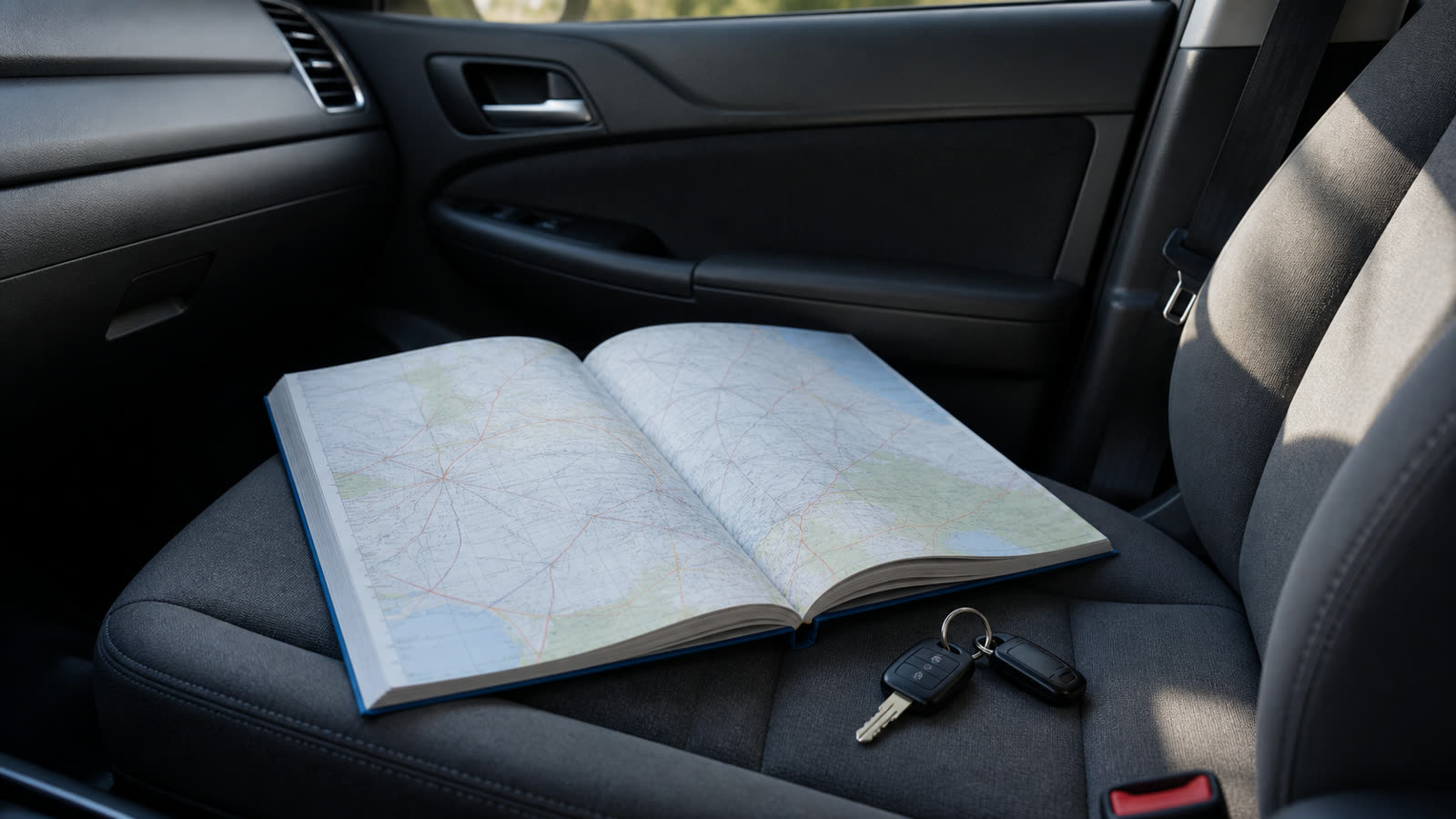 An open road atlas and a set of car keys on a passenger seat