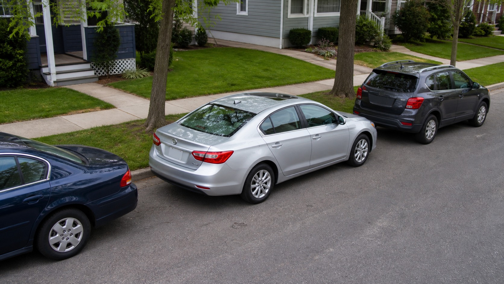 A silver sedan parallel parked between two other cars at the curb of a suburban street