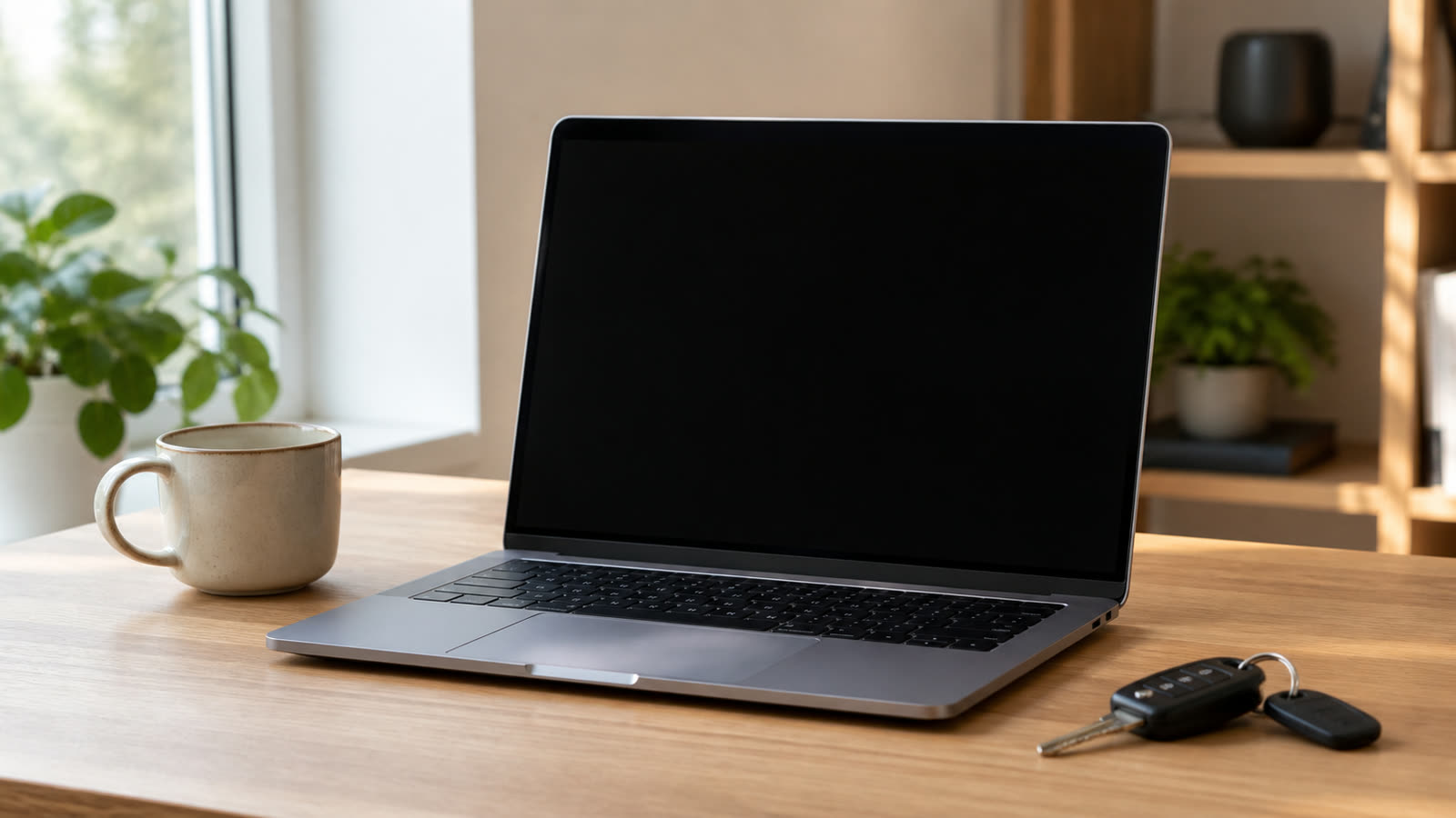 A laptop, a mug and a set of car keys on a desk in morning light