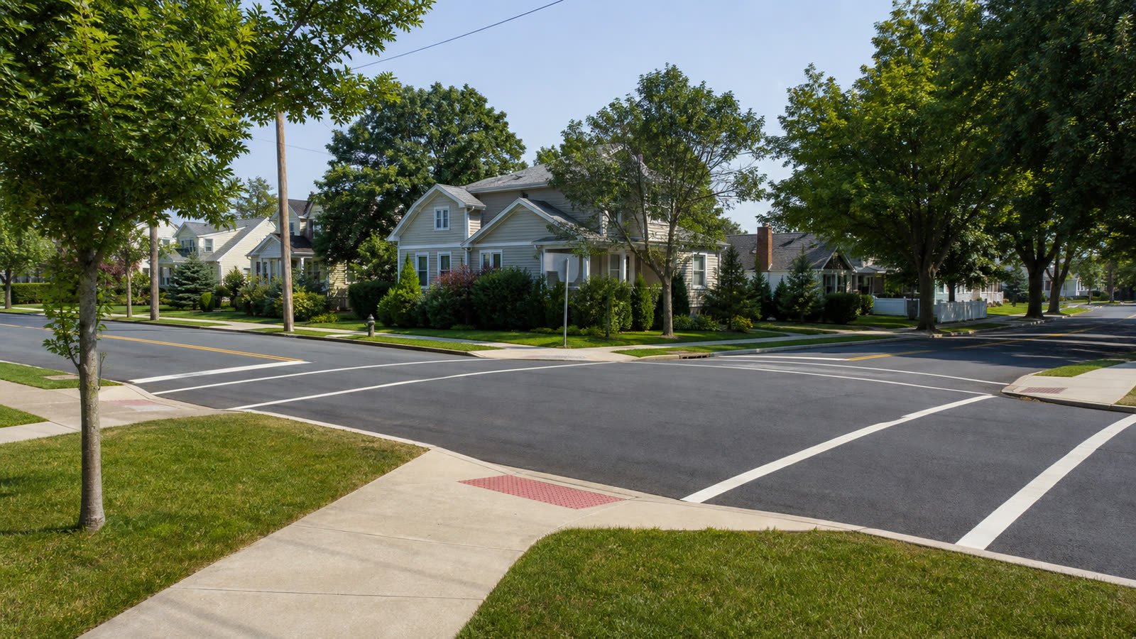 A quiet suburban intersection with clear road markings
