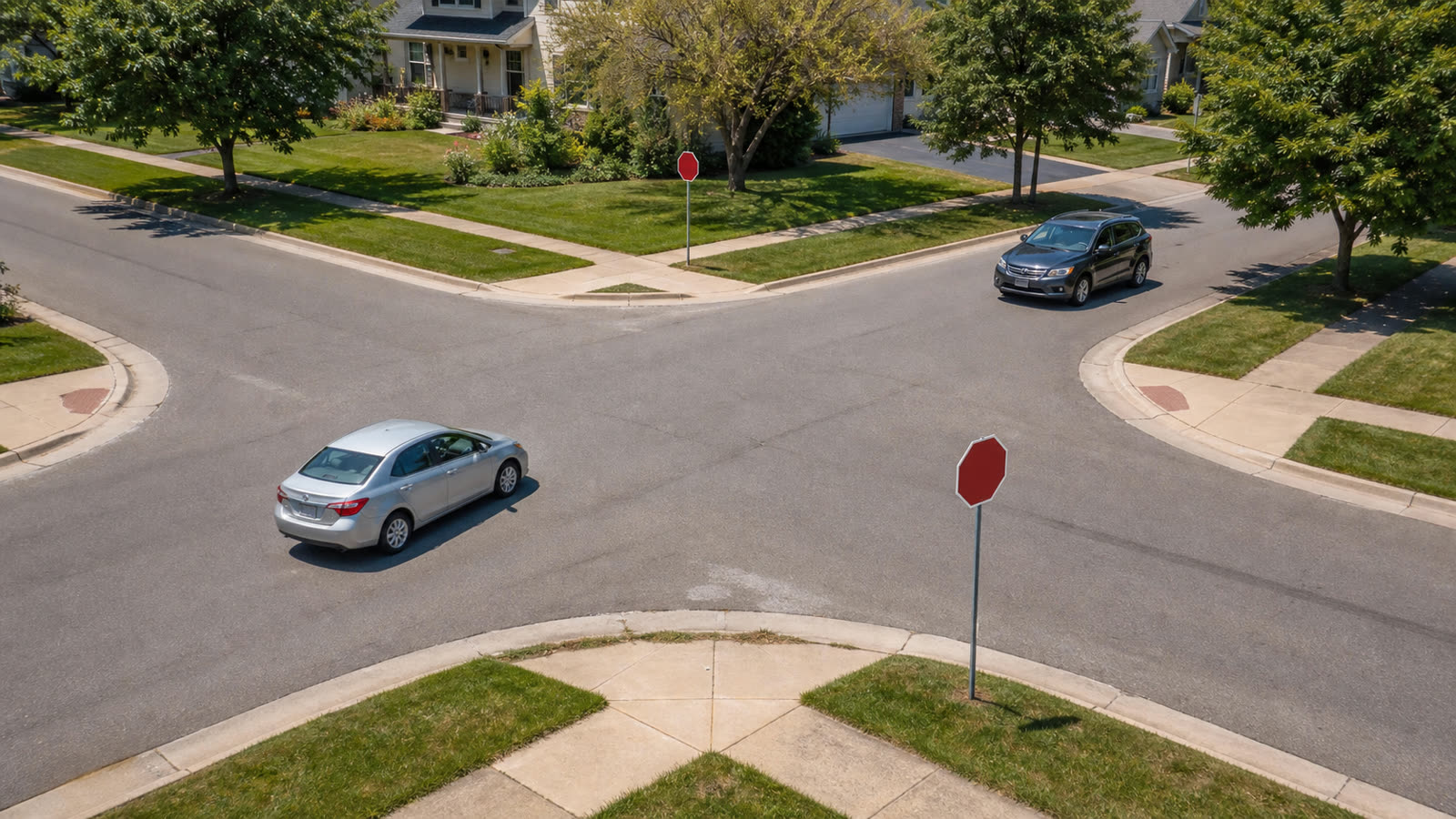 A four way stop in a suburban neighborhood with cars approaching from two directions