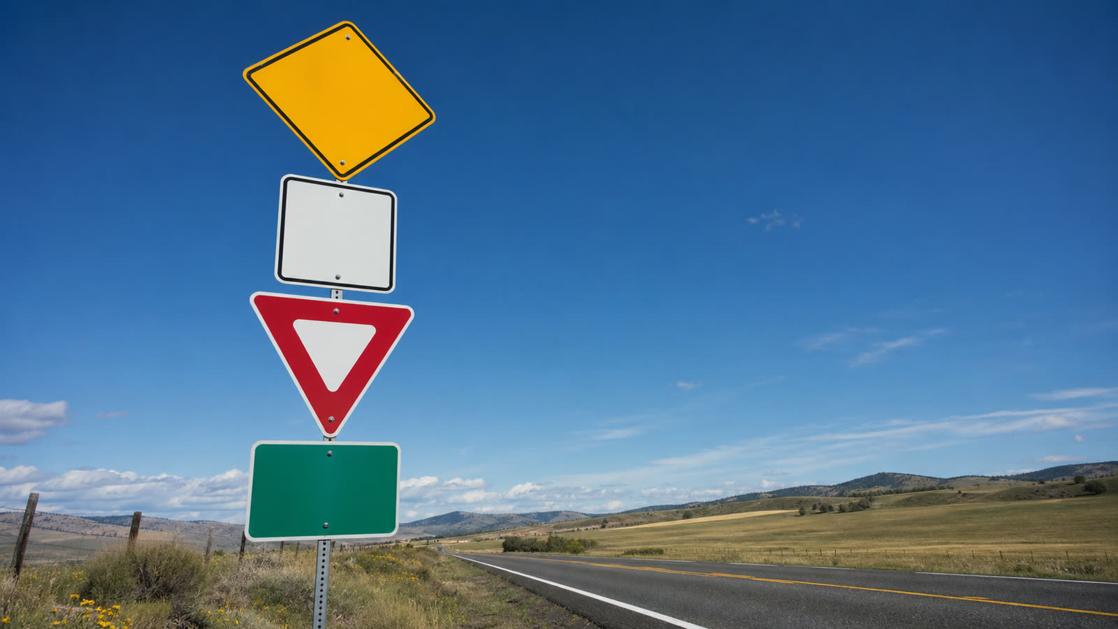 A post carrying road signs of four different shapes against a clear sky