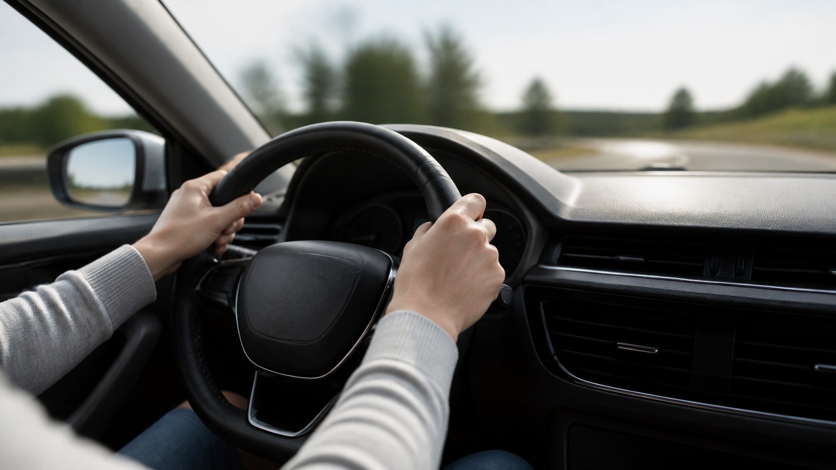 A driver's hands on the steering wheel of a car, seen from the passenger seat