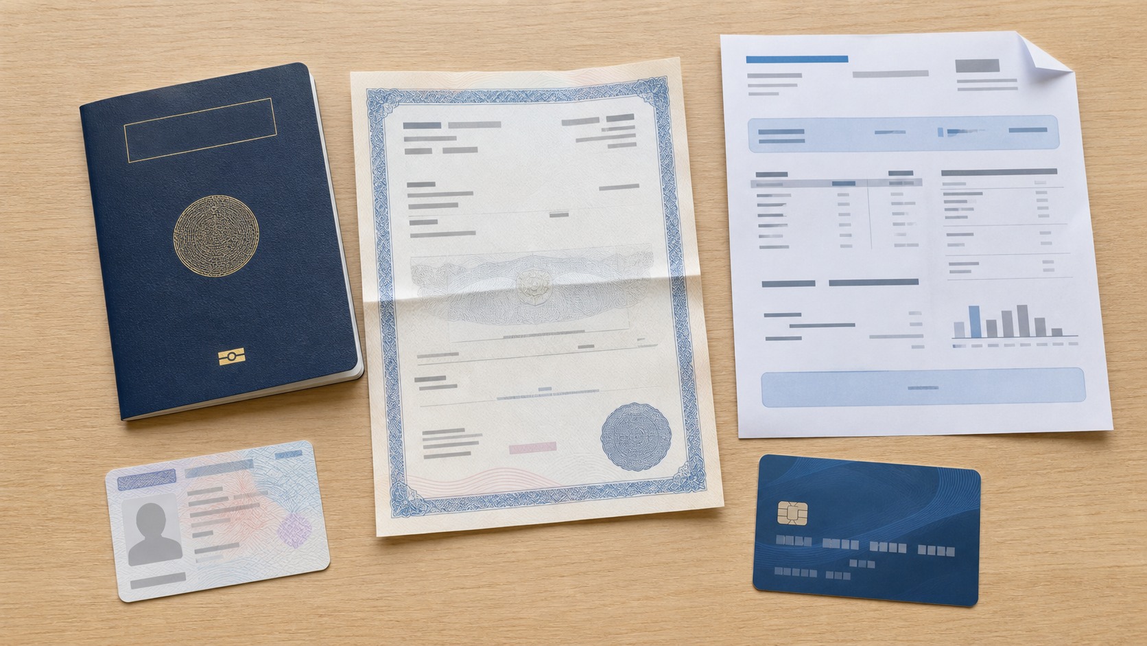US identity paperwork laid out on a desk: a passport, a certificate, a printed bill, an ID card and a bank card