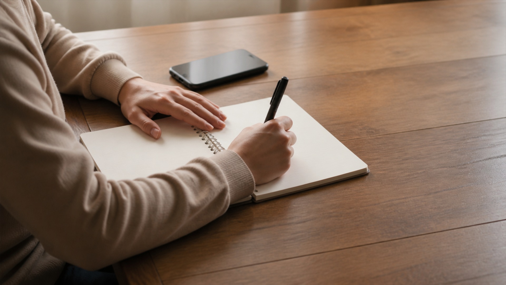Someone writing in a notebook beside a phone on a desk